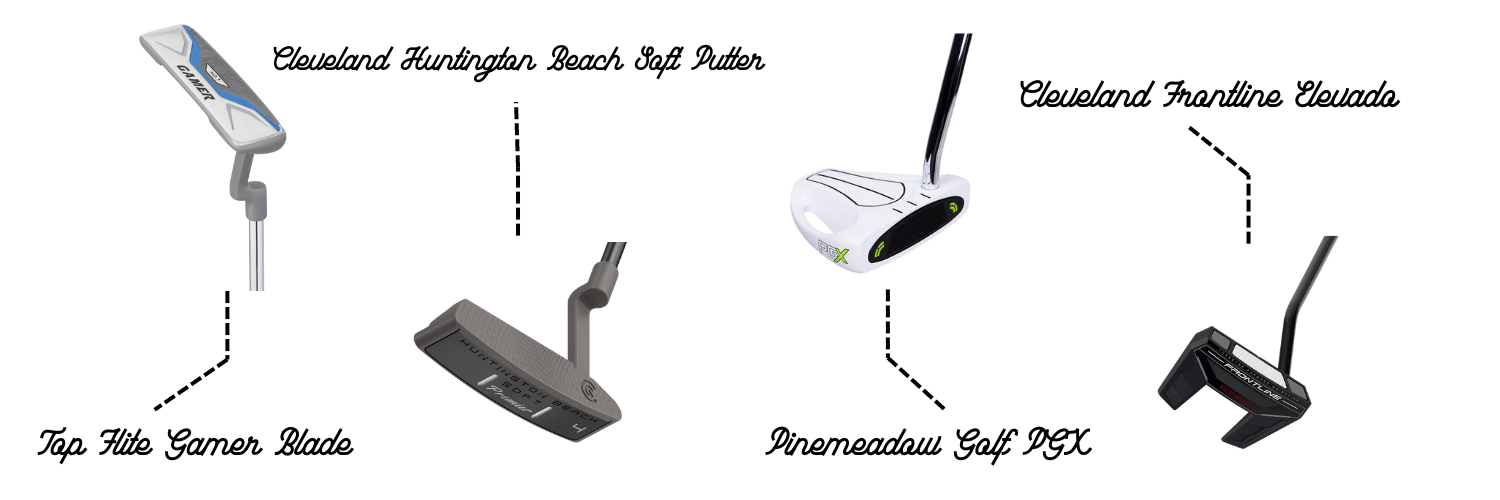 Comparison of budget-friendly putters: Top Flite, Cleveland Huntington, Pine Meadow PGX, Cleveland Frontline.